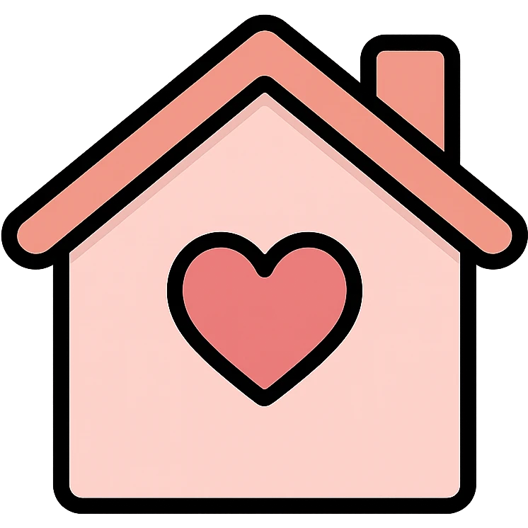 vector icon of a feminine home in rose gold and blush pink, flat minimal design, soft glow, white background, with a heart accent emoji
