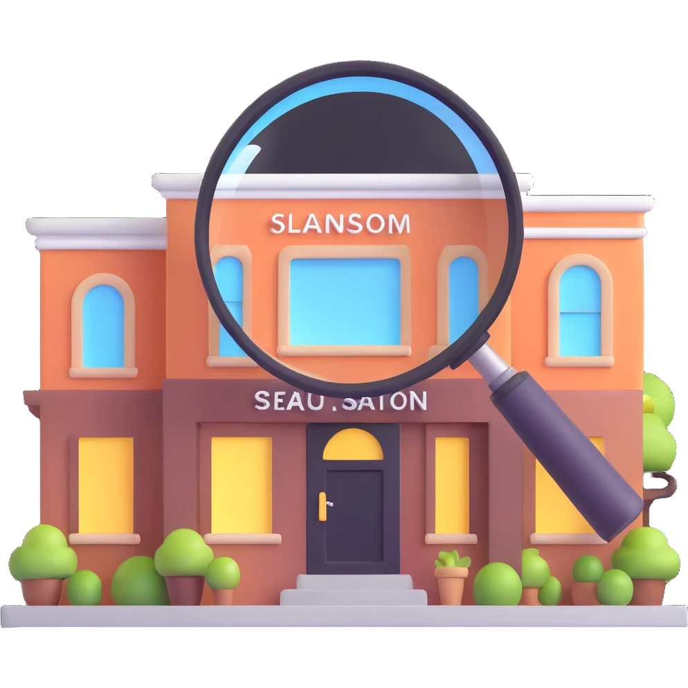 magnifying glass over a beauty salon building emoji