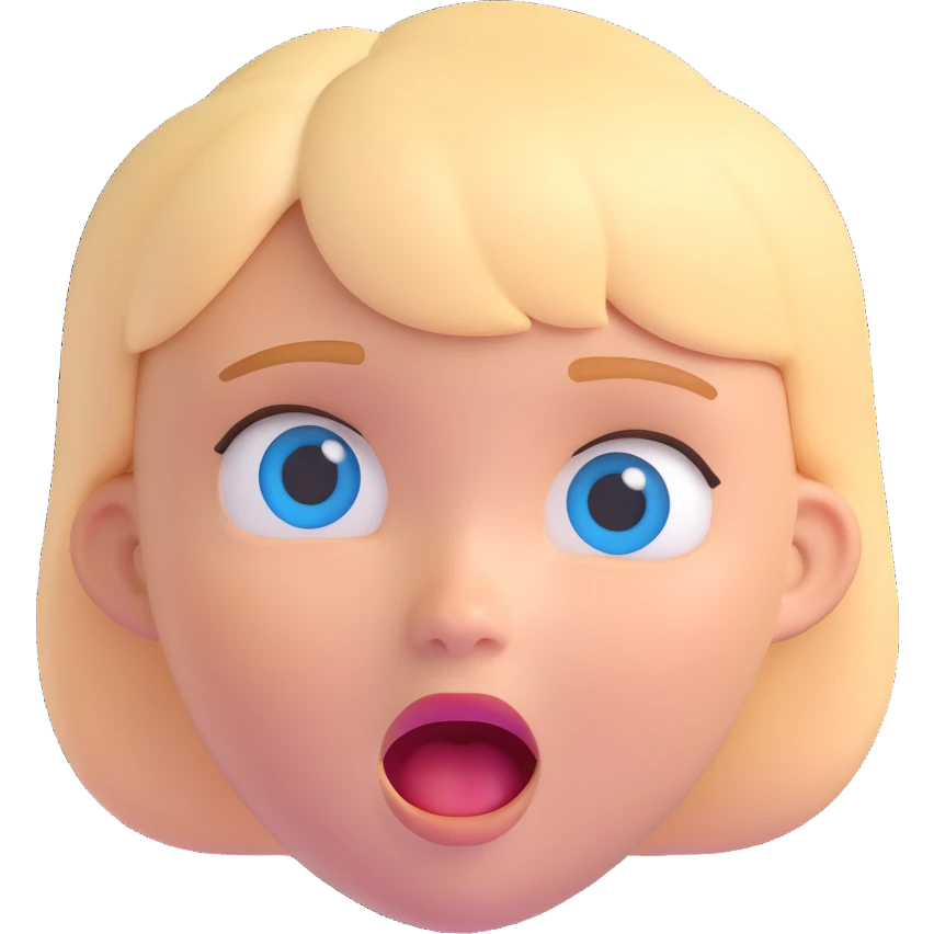 3D emoji of a white girl with short blonde hair, blue eyes, surprised expression emoji