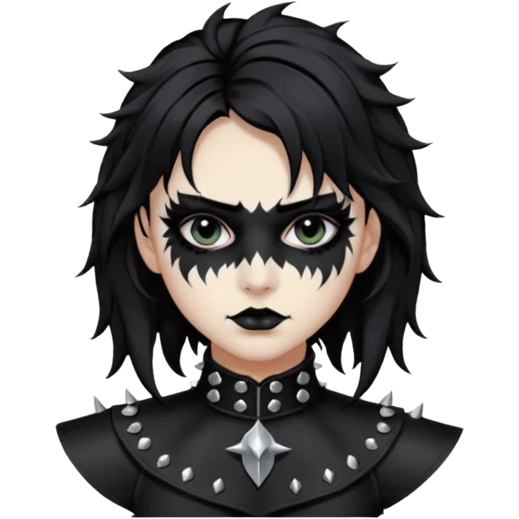 Crea una ragazza con stile black metal,  paint face black metal, capelli neri, mossi dalle spalle e occhi bianchi e un collare con borchie a punta emoji