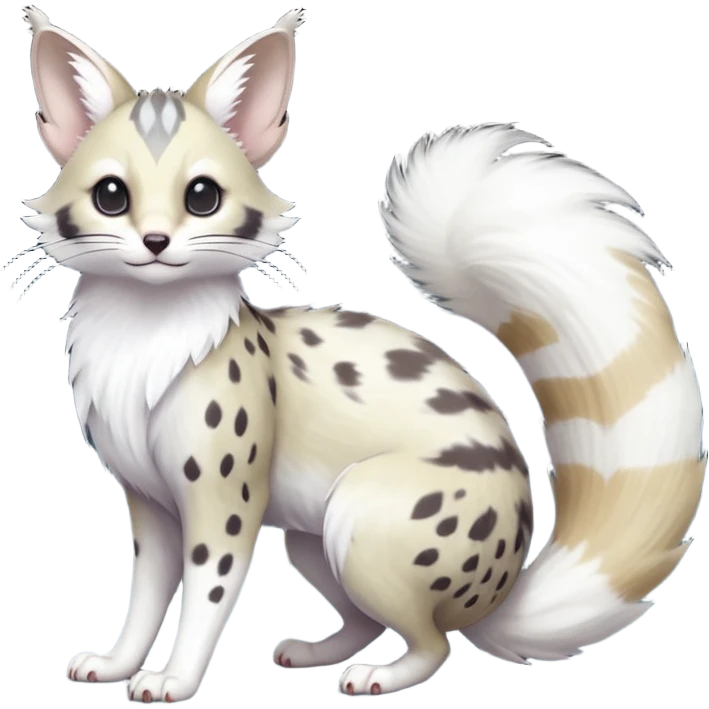 Hyper realistic  ashen smoke-grey fur fading into ghost-white frost at the edges beautiful elegant pretty precious cute  Fakémon-Pokémon-opossum-feline-serval-caracal-chinchilla-Furret-Minccino-hybrid-creature with a big fluffy bushy tail (full body) emoji