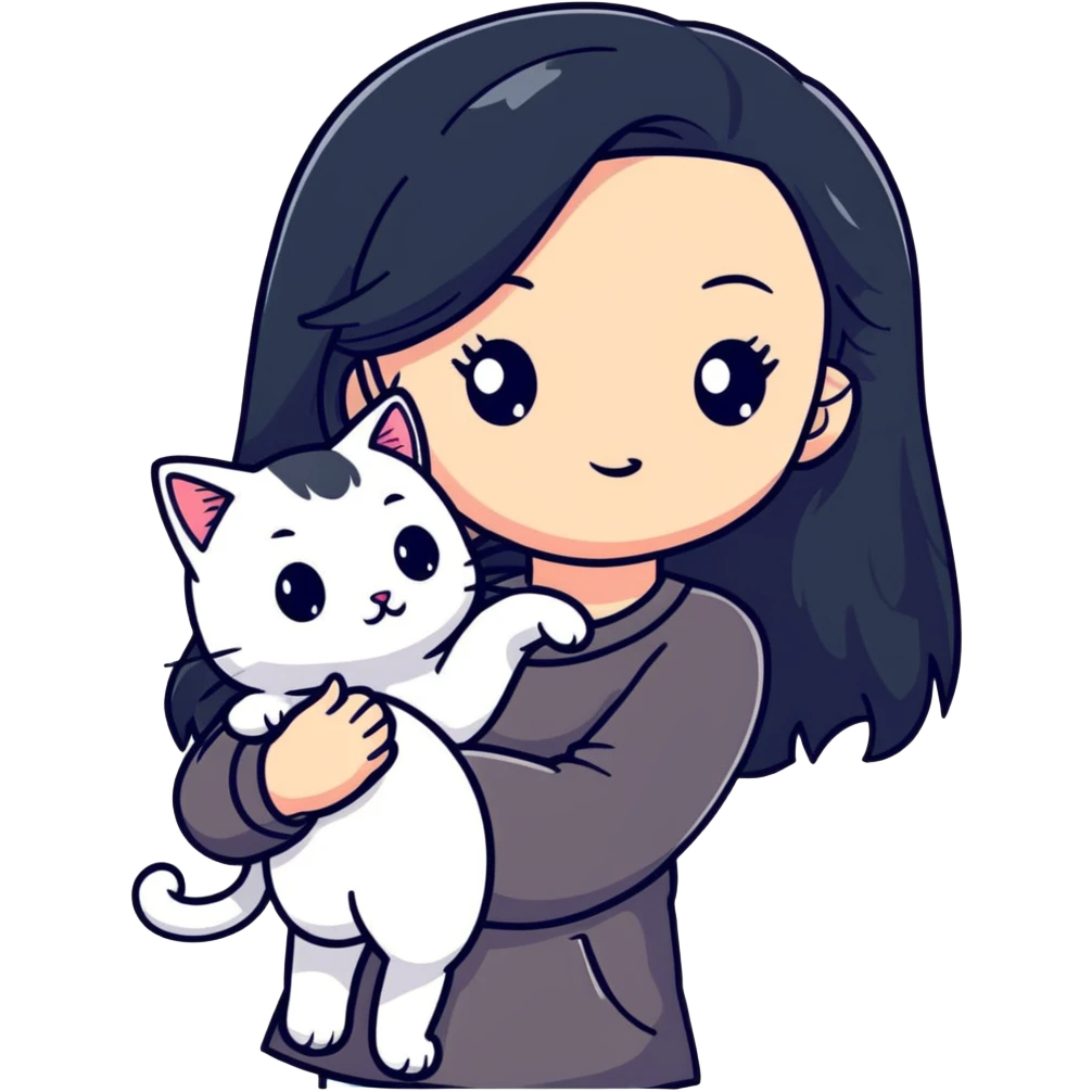 Beautiful girl with long black hair holding a hairless cat emoji