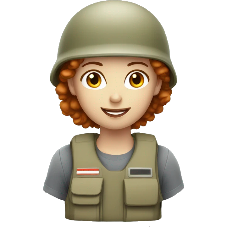 operator dressed in khaki color with a milatary helmet, without glasses, without headset, preferably curly redhead female emoji