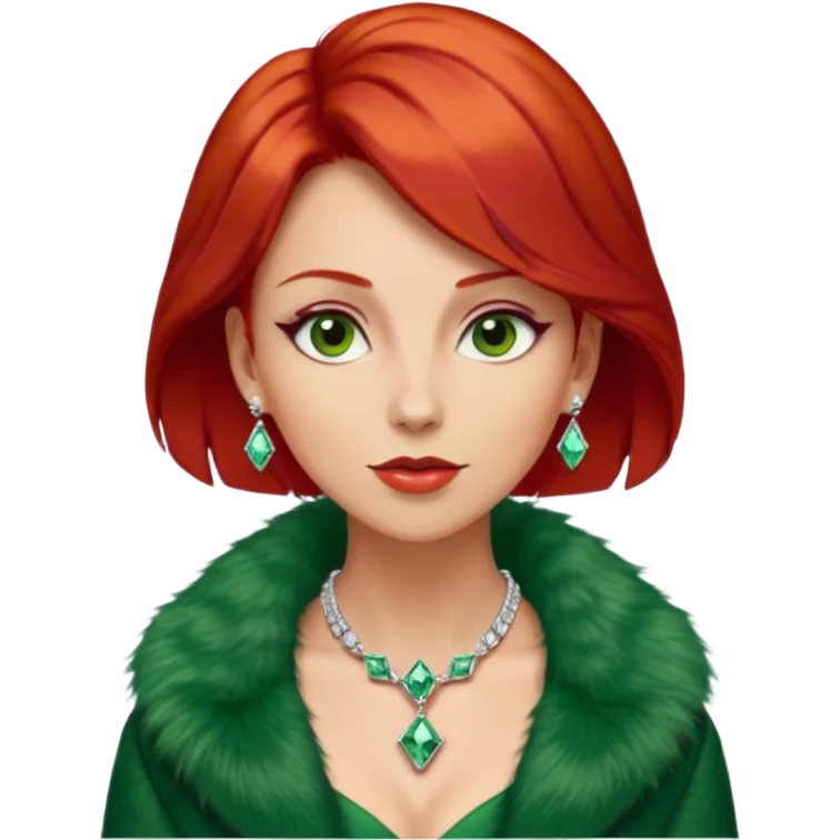 * Character: A stylish lady,red hair
* ﻿﻿Clothing: A luxurious green fur coat
* ﻿﻿Accessories: A dazzling diamond necklace
* ﻿﻿Expression: Confident, elegant, maybe slightly glamorous
* ﻿﻿Pose: Head slightly tilted or a poised posture
* ﻿﻿Style: Emoji-like, simple but expressive emoji