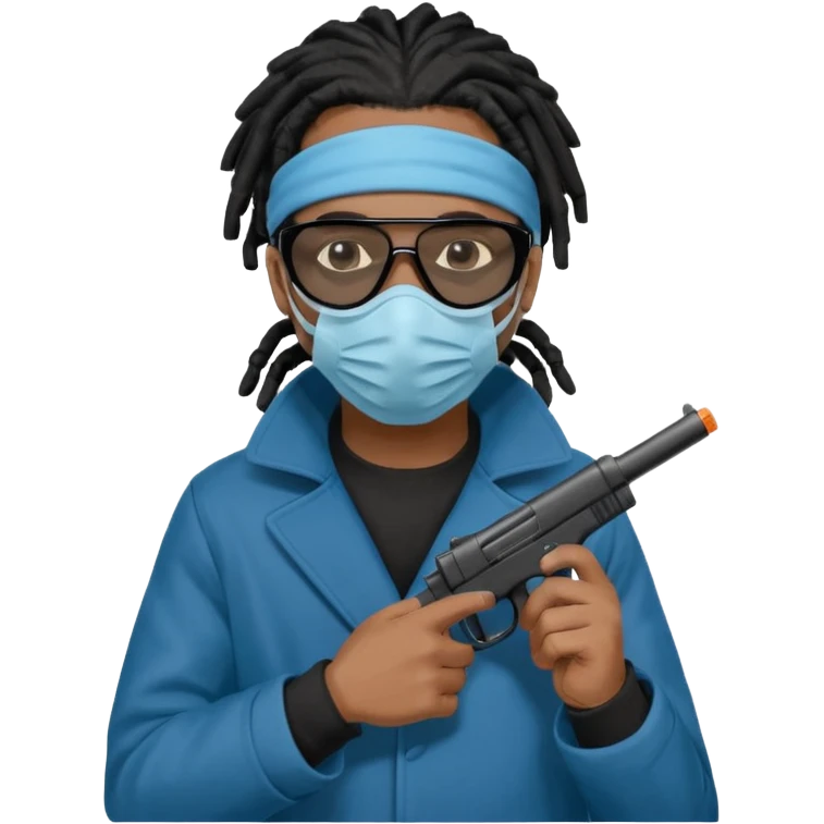 African American man with shoulder length black dreadlocks  wearing black sunglasses wearing a black winter coat wearing a blue hospital mask covering mouth and nose  holding a gun in hand emoji