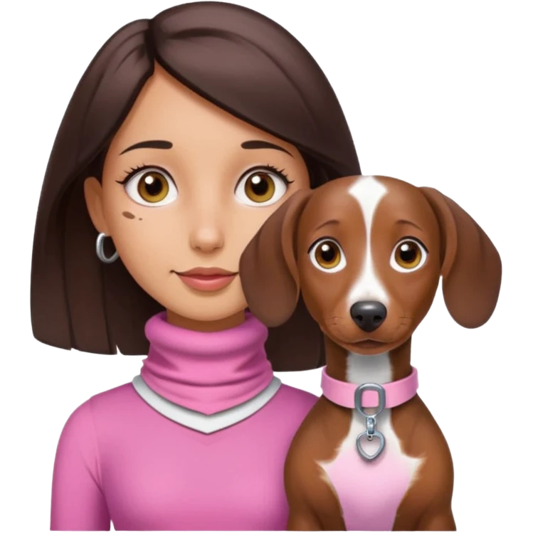a brunette girl, olive skin, hazel eyes, pink top, neck brace on her neck, piebald dachshund next to her emoji