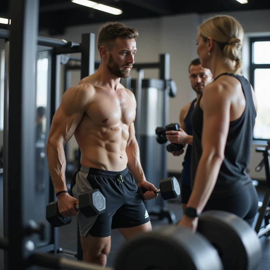 man in gym, wearing sportswear, alternating exercises between isotonic machine and dumbbells, personal trainer observing and advising, atmosphere of learning, realistic details, modern gym background, 4K quality emoji