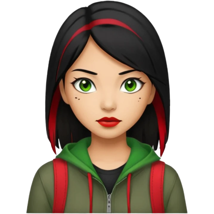 Asian-Latina woman with black hair with a red streak, green eyes, and an alternative/grunge style of clothing. emoji