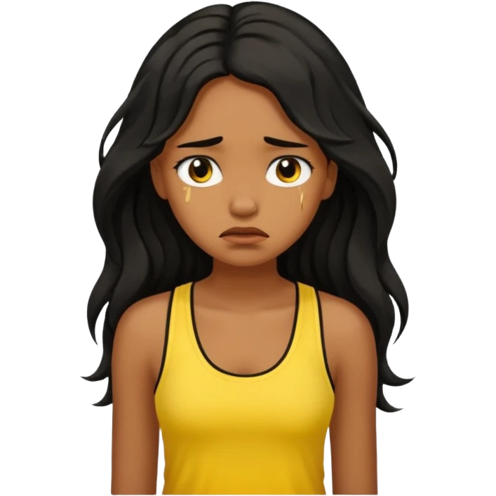 brown pretty bratz girl with long wavy black hair, wearing a yellow tank top. looking sad emoji