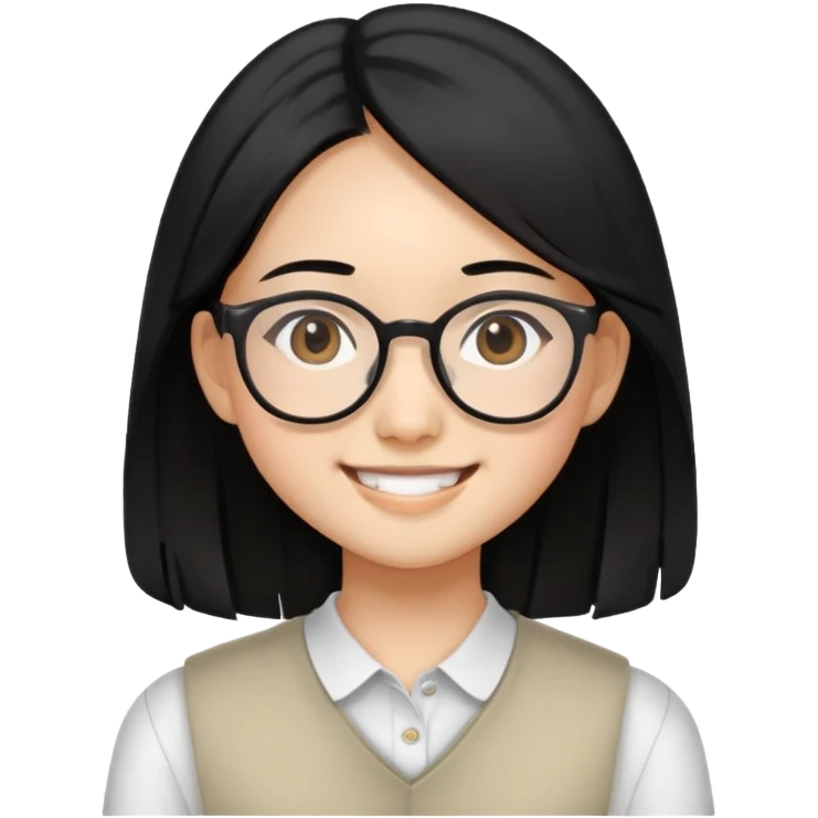 "- Nữ
- 15 tuổi
- Da vàng
- Tóc đen, ngang vai
- Mặt cười mỉm, đeo kính
" emoji