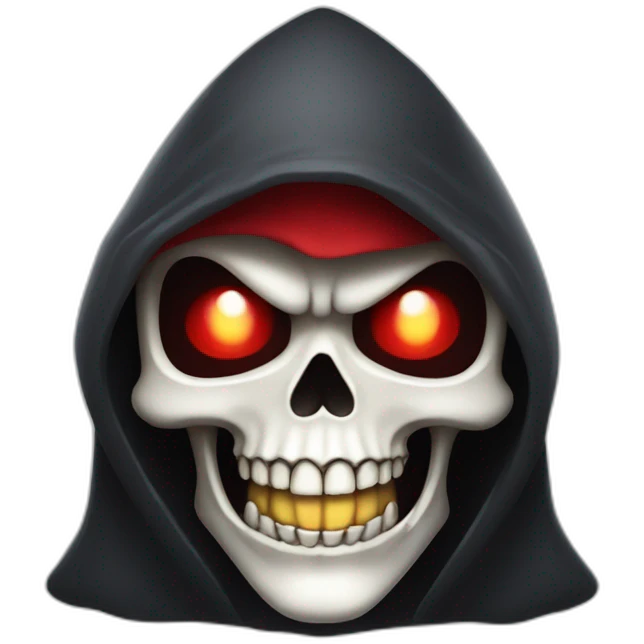a cartoon character of Grim Reaper, wearing crown, skull, hood, red eyes, laughing  emoji