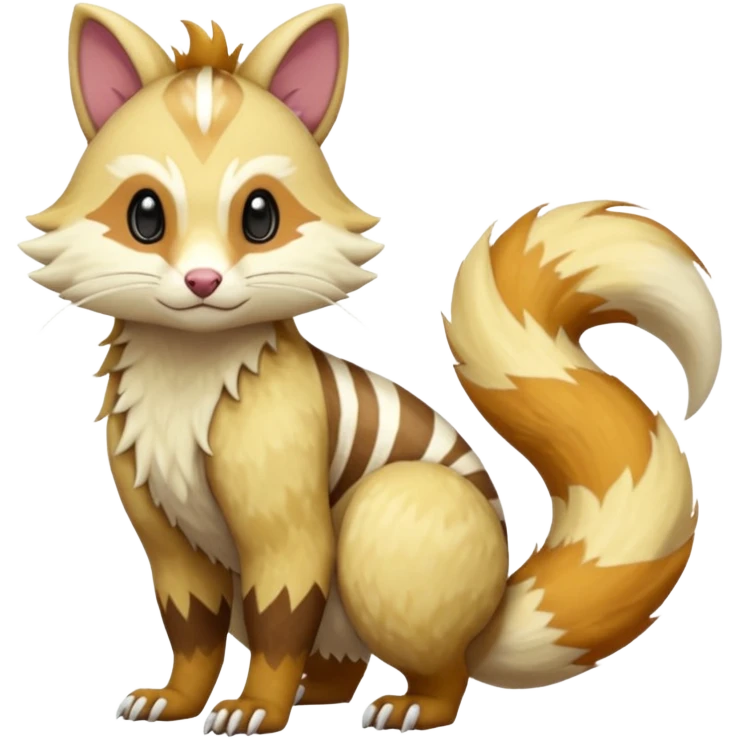 Rare realistic cream-colored, blonde-fur, ginger-fur, white beige edgy badass epic pretty beautiful handsome gorgeous aesthetic colorful vibrant Vernid-Furret-Linoone-Salandit-Amaura-species-Fakemon-creature by LiLaiRa, random markings, (full body) emoji