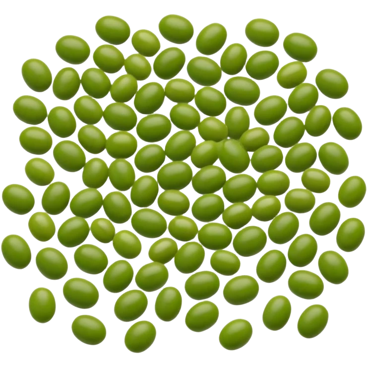 mung beans, small cluster or scatter, whole, smooth oval, glossy, vibrant green, natural color variation, fresh, uncooked, firm, no sprouting, no bowl, no packaging, no faces, clean 3D, soft shadows, transparent background, emoji scale emoji