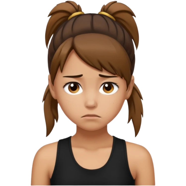 a tan girl with a ponytail, black tank top, . Looking sad emoji