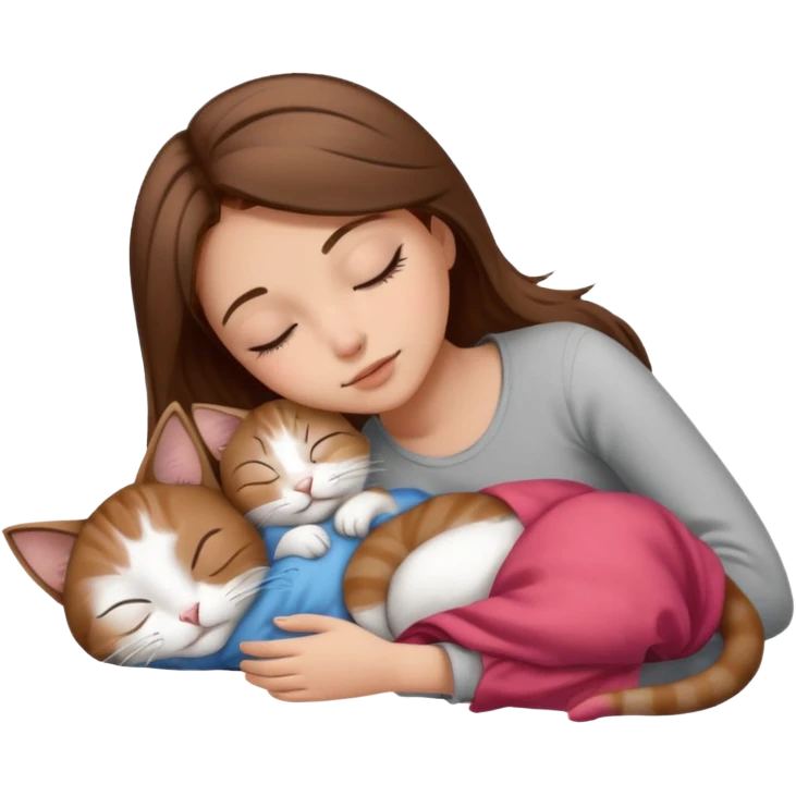 sleeping girl brown hair laying next to white and gray stains cat emoji