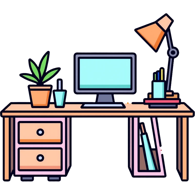 Clean and organized workspace desk with a computer monitor and a small potted plant, minimal clutter, organized office supplies emoji
