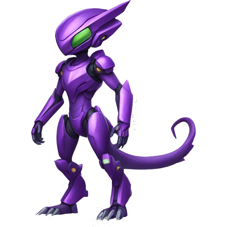 a purple-green Genesect-Raptor-Fakémon—hybrid with a futuristic visor-helmet full body emoji