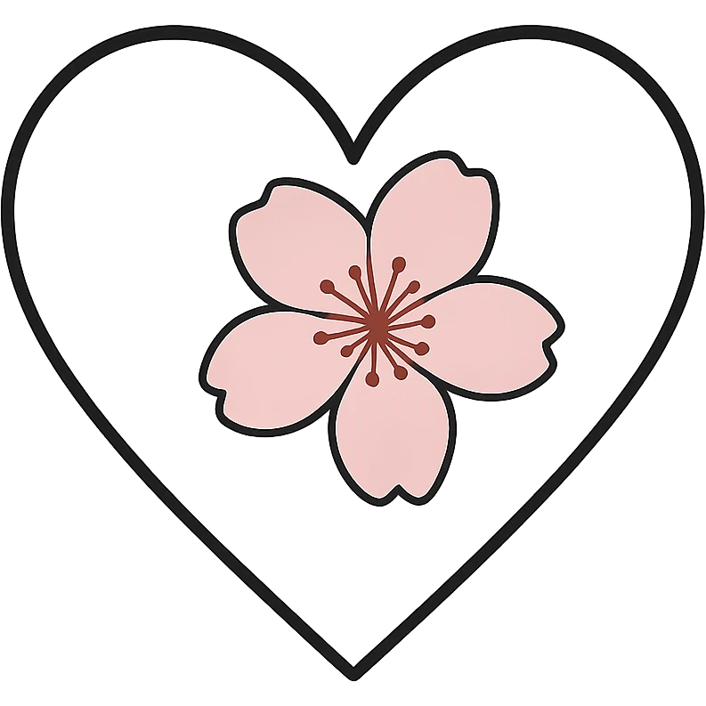 goth sakura heart, minimalist line art, black outline heart, single pink sakura, simple and modern emoji