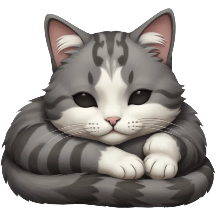 dark grey and white small cat with closed eyes, leaning his head on his paw while leaning on his elbow lying down emoji