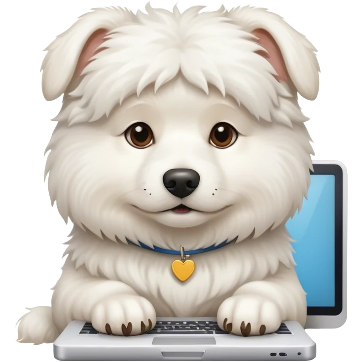 white fluffy dog with computer and book emoji