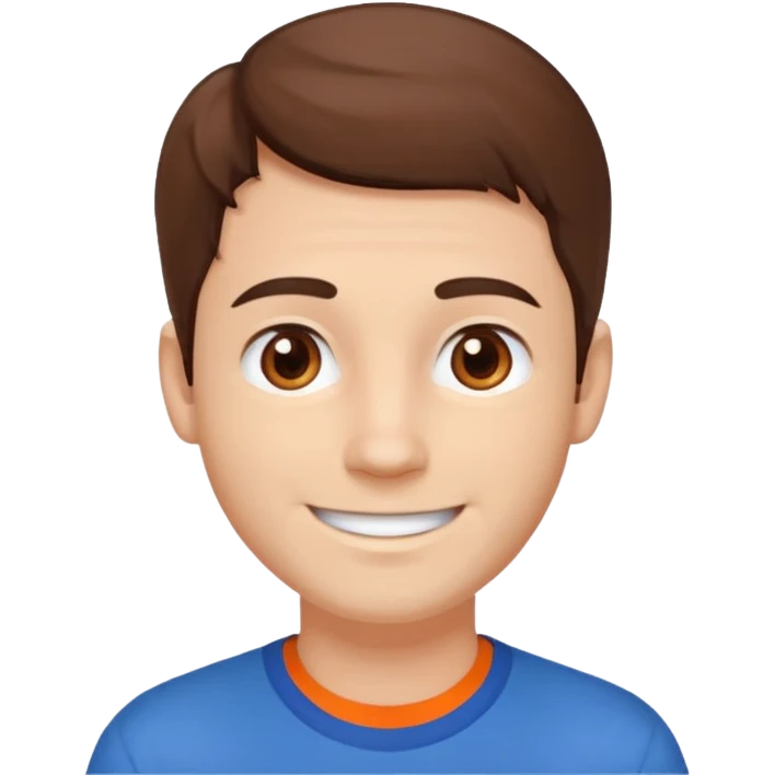 male, white skin, brown hair, brown eyes, orange and blue shirt emoji