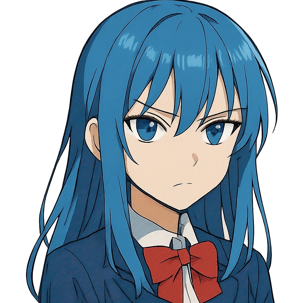 anime girl with blue hair, serious expression emoji