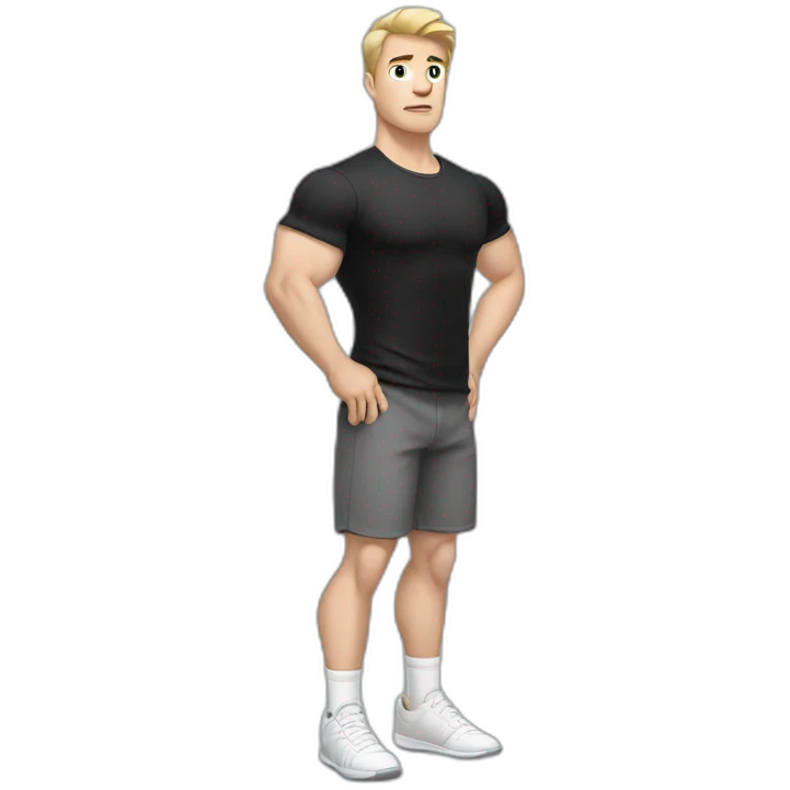 Confused Pale skinned Fit Man With the biceps and dark brown hair in black shirt, gray sports shorts and white Sneakers emoji