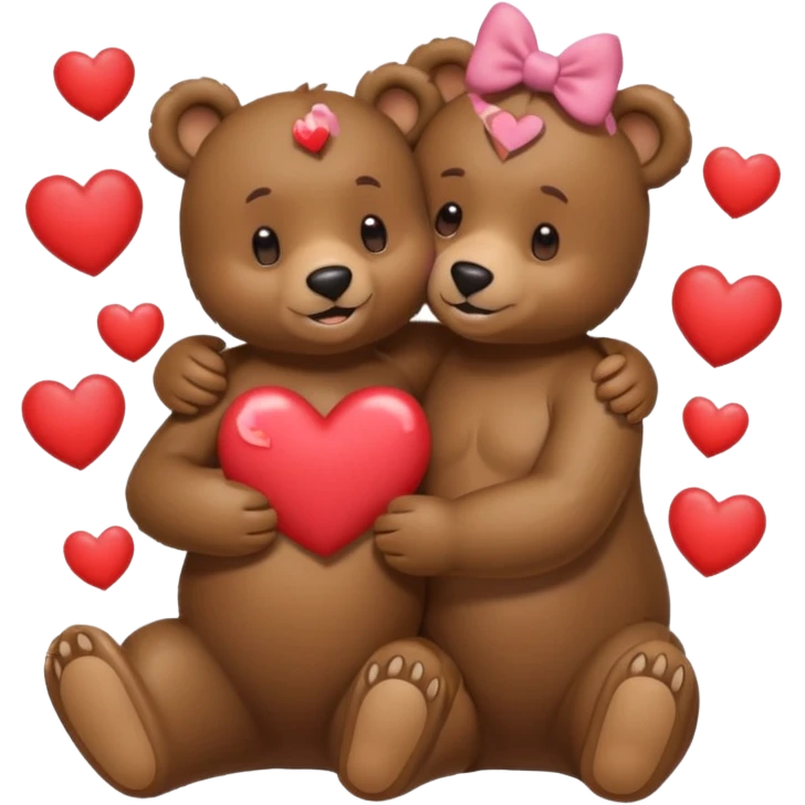 female bear with bow on her head and male bear hugging, couple, surrounded by hearts, playful and loving, cute, same height  emoji