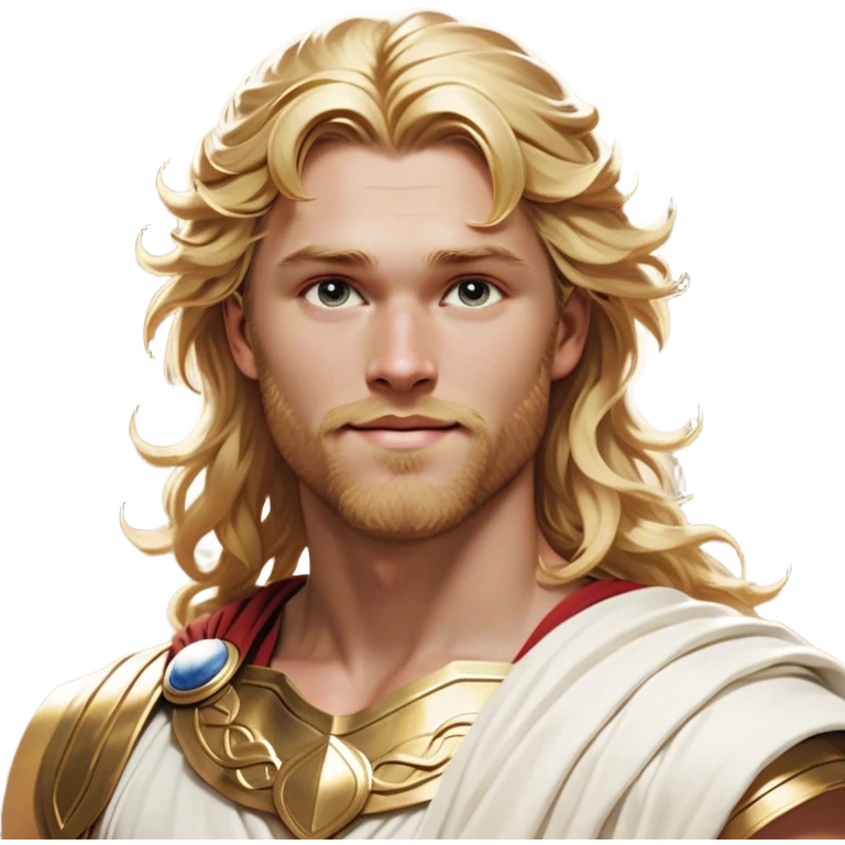 Cinematic Realistic Thor Portrait, head tilted playfully and inquisitively, showcasing his classical Greek god allure with a relaxed, yet commanding presence. His fair, radiant skin and flowing, wavy golden hair are highlighted by a gentle smile and twinkling, approachable eyes. Clad in a gracefully draped white toga with subtle golden embellishments, he exudes a lighthearted yet powerful charm under soft, natural lighting. emoji