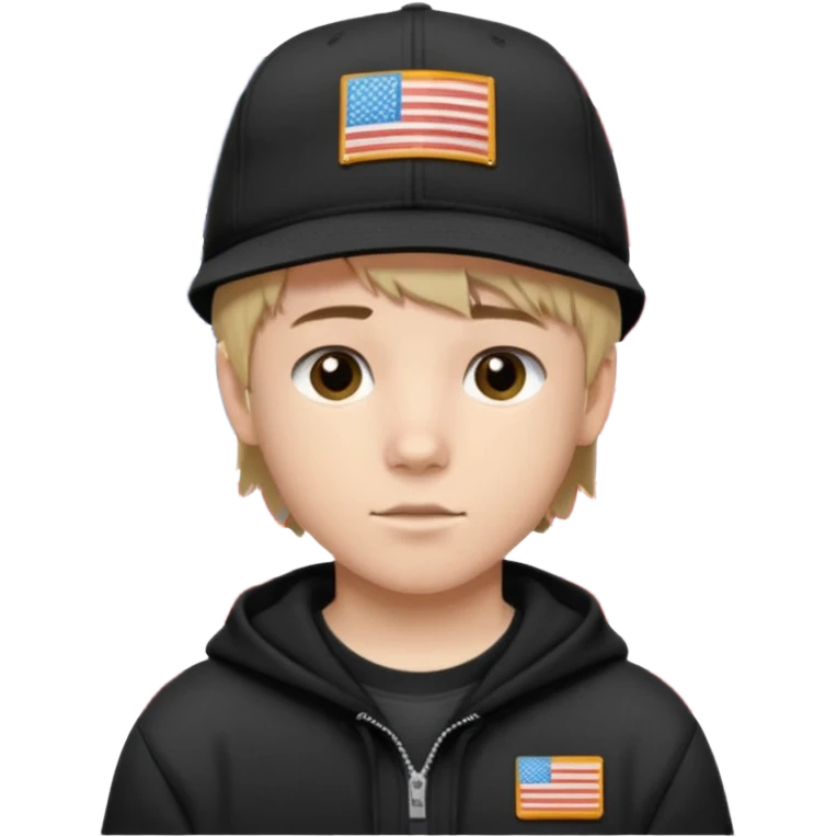 white  teen boy with short mullet haircut and black American flag flat bill hat at and wearing Carhartt sweatshirt emoji
