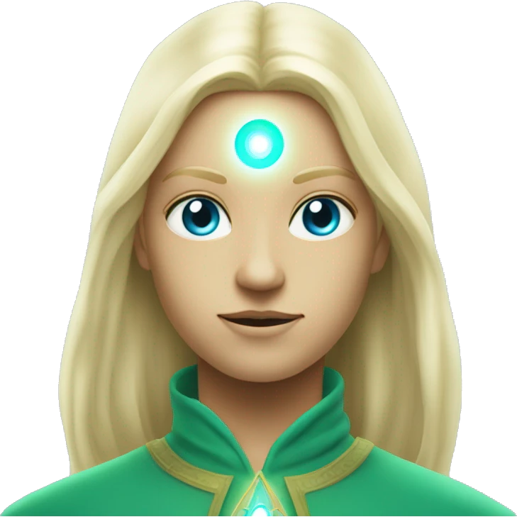 nordic pleiadian in green clothing with thin face long blonde hair and blue eyes third eye glowing emoji