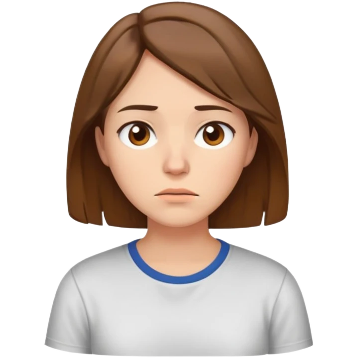 A young brown-haired woman with chin-length hair with fair skin, with brown eyes, looking tired of a shirt. emoji