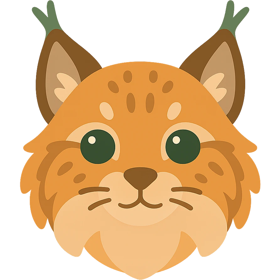 A cute and soft lynx face with big, expressive eyes, designed in a warm and magical color palette: golden orange (FA9B41), forest green (4A7C5C), muted taupe brown (96775A), and pastel peach (FFCC9A). The lynx’s fur is fluffy and soft, with a mix of warm browns and golden highlights. Its ears are tipped with tufts of fur in greenish tones, and its cheeks are gently rounded with subtle peach accents. The eyes are bright and curious, surrounded by soft fur in the warm color palette. The overall look is adorable, serene, and enchanting, evoking a gentle, woodland atmosphere. emoji