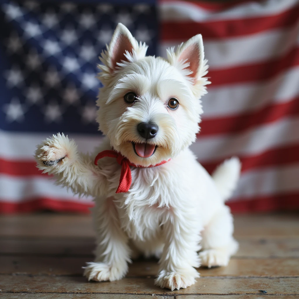 realistic West Highland White Terrier holding and waving an American flag with detailed fur texture emoji