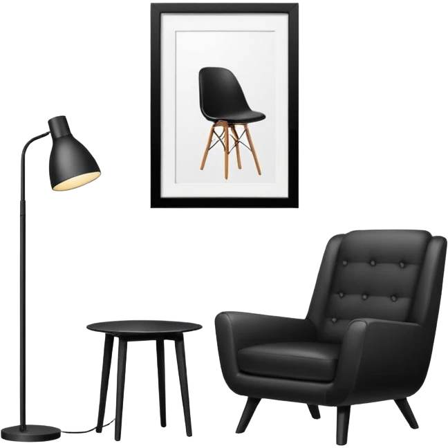 Minimalistic flat vector icon, iOS style, thin black contour on white background. Floor lamp and chair next to a framed picture on wall. Clean, no text, no shadows emoji