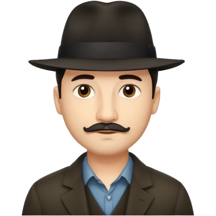 A light-skinned man with short dark hair, thin straight mustache, and a black fedora, with an oval face and calm look. emoji