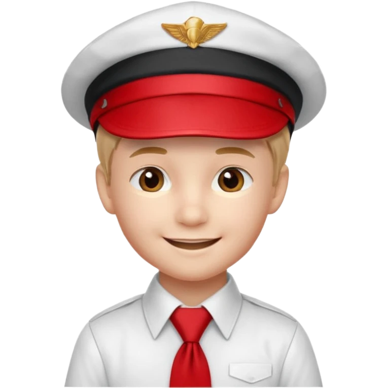 A Soviet pioneer emoji — smiling young boy wearing a white shirt with a bright red pioneer necktie and a classic red pilotka cap. The pilotka cap should fit closely to the head, without brims or side flaps, slightly folded at the top. not a cowboy hat. Flat, smooth 3D shading emoji