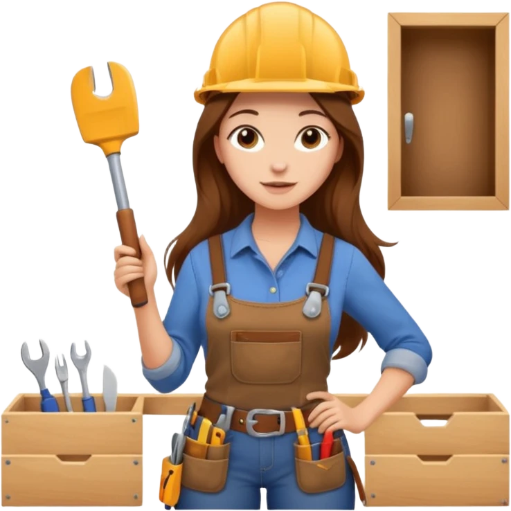 beautiful girl with long brown hair constructing new kitchen cabinets emoji