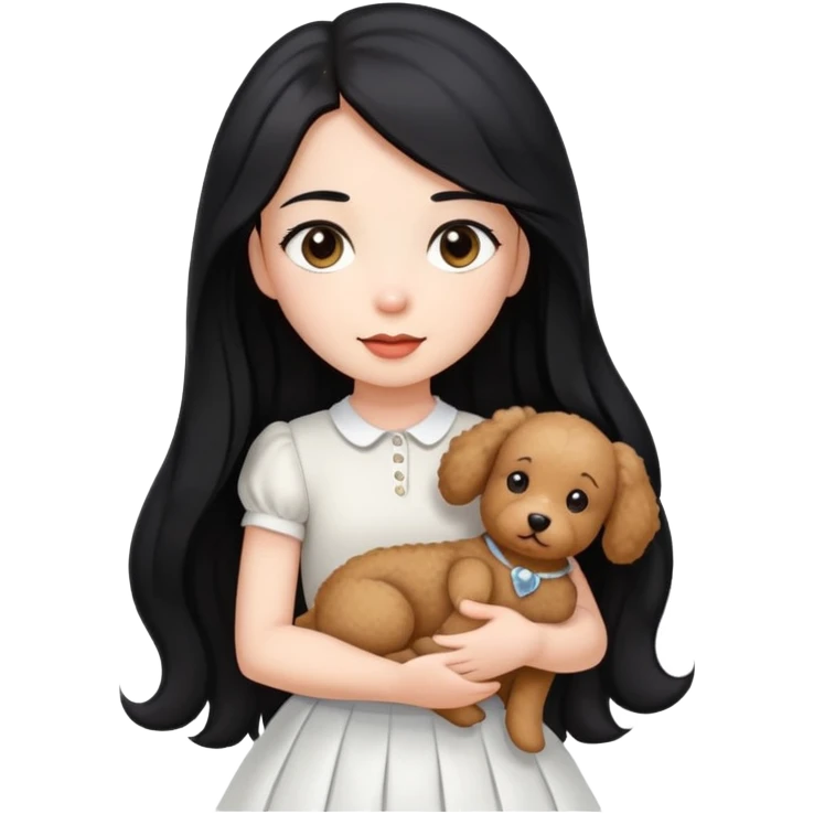 beautiful girl with long straight black hair wearing a white skirt holding a small brown curly teddy dog emoji