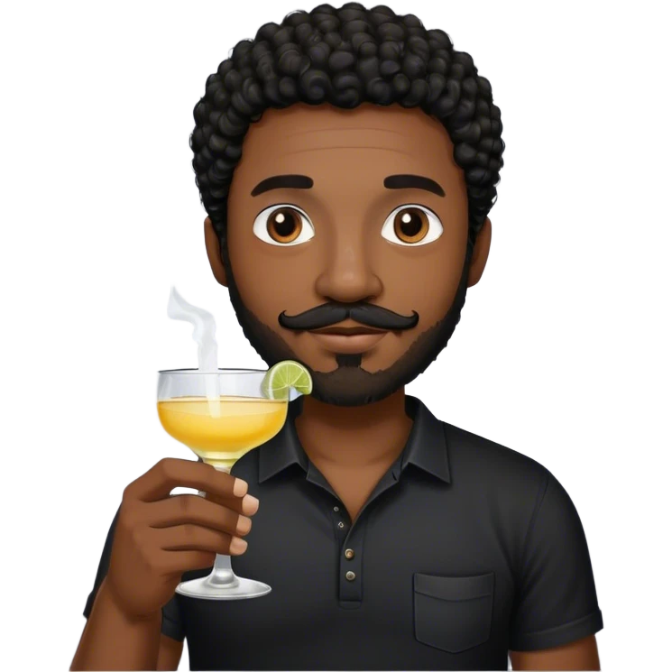 dark black guy, short black curly hair, short beard and mustache, holding tequila, black shirt  emoji