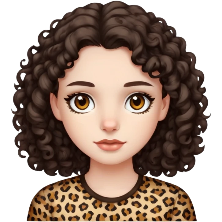 pale girl with dark brown eyes and medium length curly dark brown hair with leopard print shirt  emoji