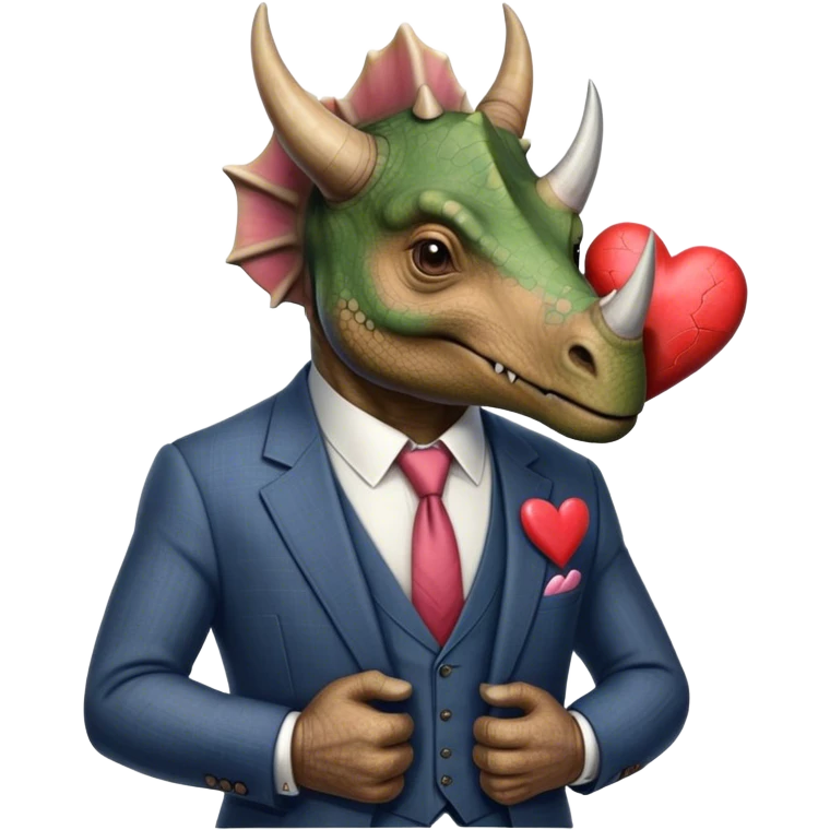 old triceratops in a suit holding a big heart emoji