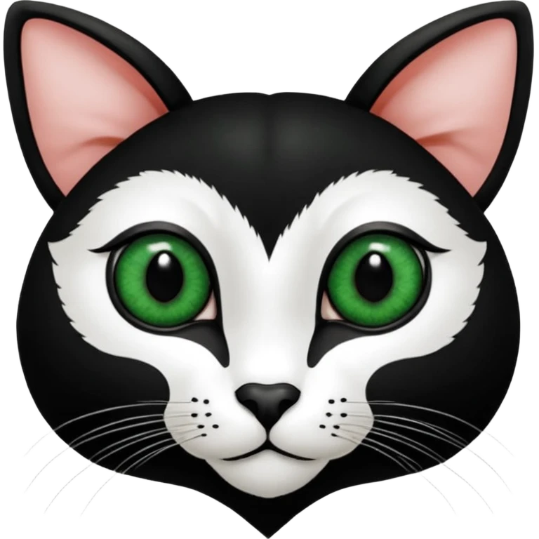 Haz una gata de ojos verdes la cara blanca con mancha negra en las orejas que agarra parte de la frente del lado der pero del iz va desde el ojo hasta la oreja la mancha, tiene la nariz negra en forma de corazón y todo lo que sobra de la cara, barbilla la nariz arriba y el lado de bigotes es blanca emoji