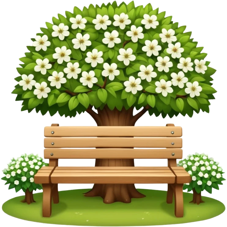 beautiful bench against the background of a tree with blooming white flowers emoji