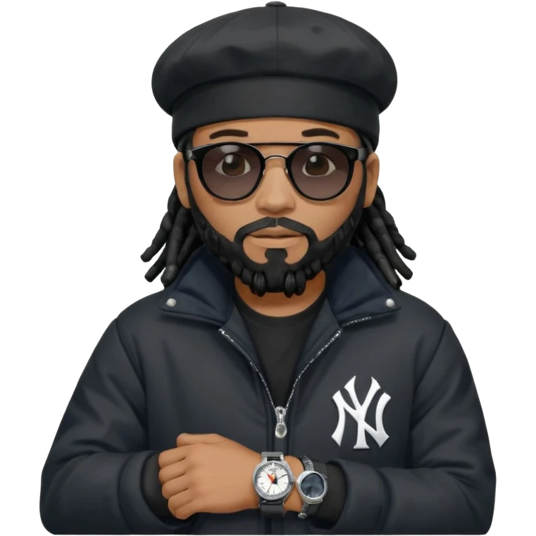 African American man with shoulder length black dreadlocks with black beard wearing black sunglasses wearing a black bubble winter coat and a New York Yankees baseball cap looking at watch emoji
