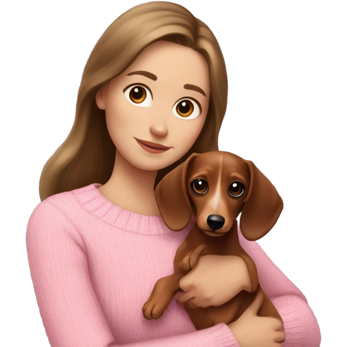 Brunette white girl with long hair in a pink sweater holds a brown and cream dachshund long haired puppy in her arms emoji