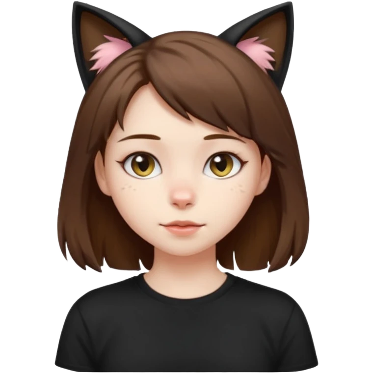 a girl with pale skin, shoulder lengh brown hair with lots of dandruff , cat ears and a tail, with a black t-shirt on emoji