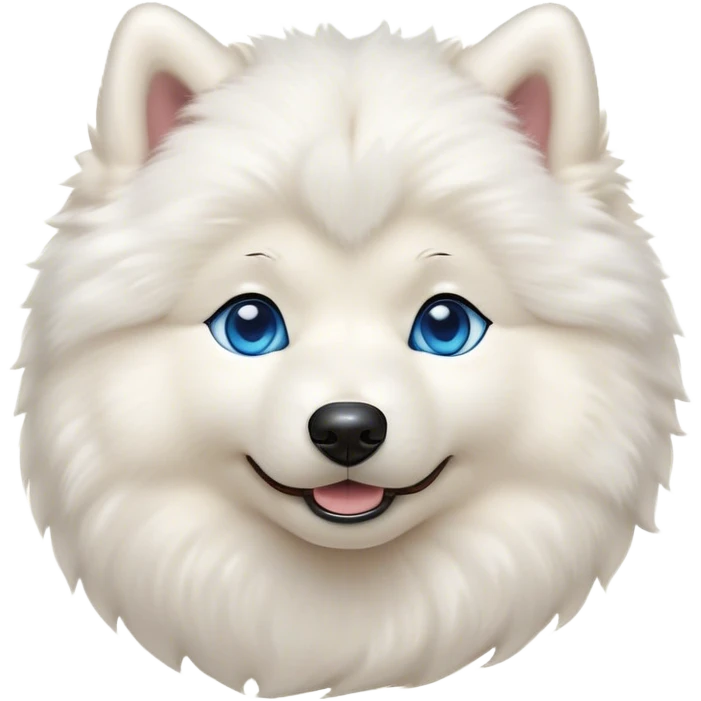 Cinematic Cute Samoyed Portrait Emoji, Head tilted playfully and inquisitively, featuring a fluffy, pristine white Fur with a natural sheen, round, sparkling blue eyes filled with curiosity, Simplified yet irresistibly adorable features, highly detailed, glowing with a warm, friendly glow, high shine, affectionate and lively, stylized with a touch of whimsy, bright and endearing, soft glowing outline, capturing the essence of a mischievous yet loving companion, so playful it feels like it could frolic out of the screen and into your arms! emoji