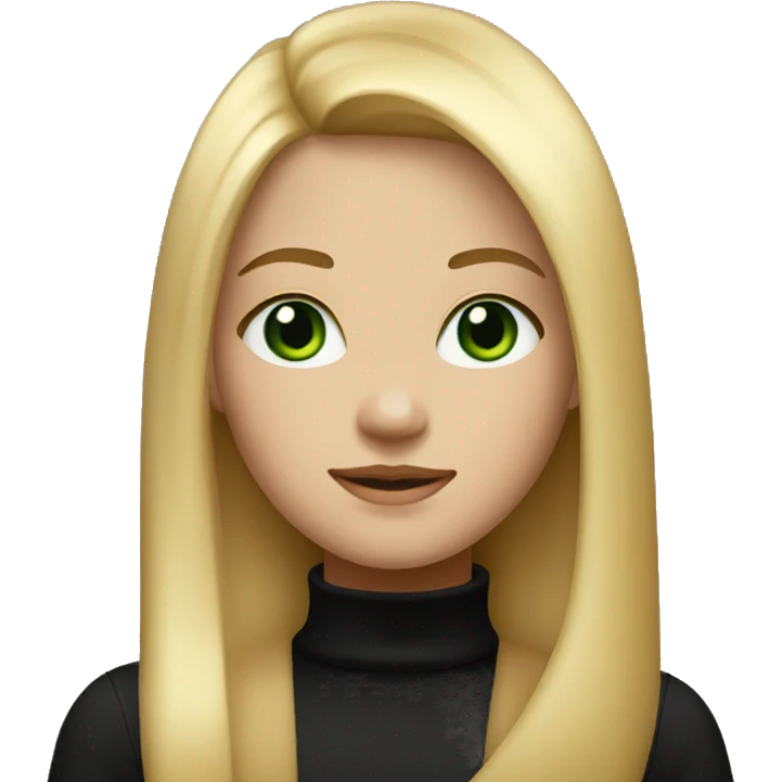 The girl is blonde with long straight hair and green eyes and is wearing a black turtleneck emoji