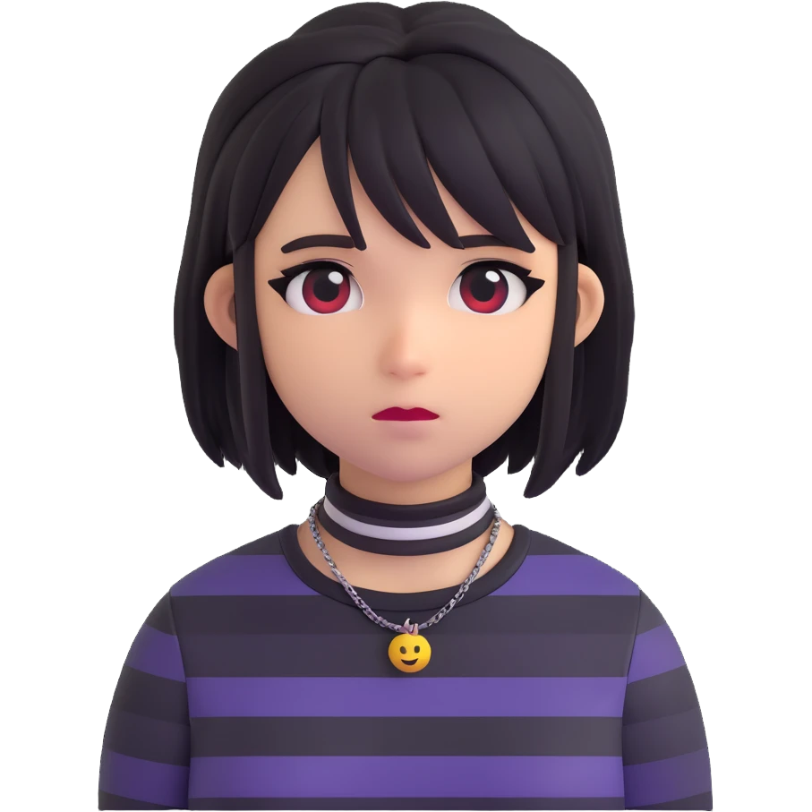 emo girl, striped shirt, layered hair, choker necklace, melancholic expression, modern emoji style emoji